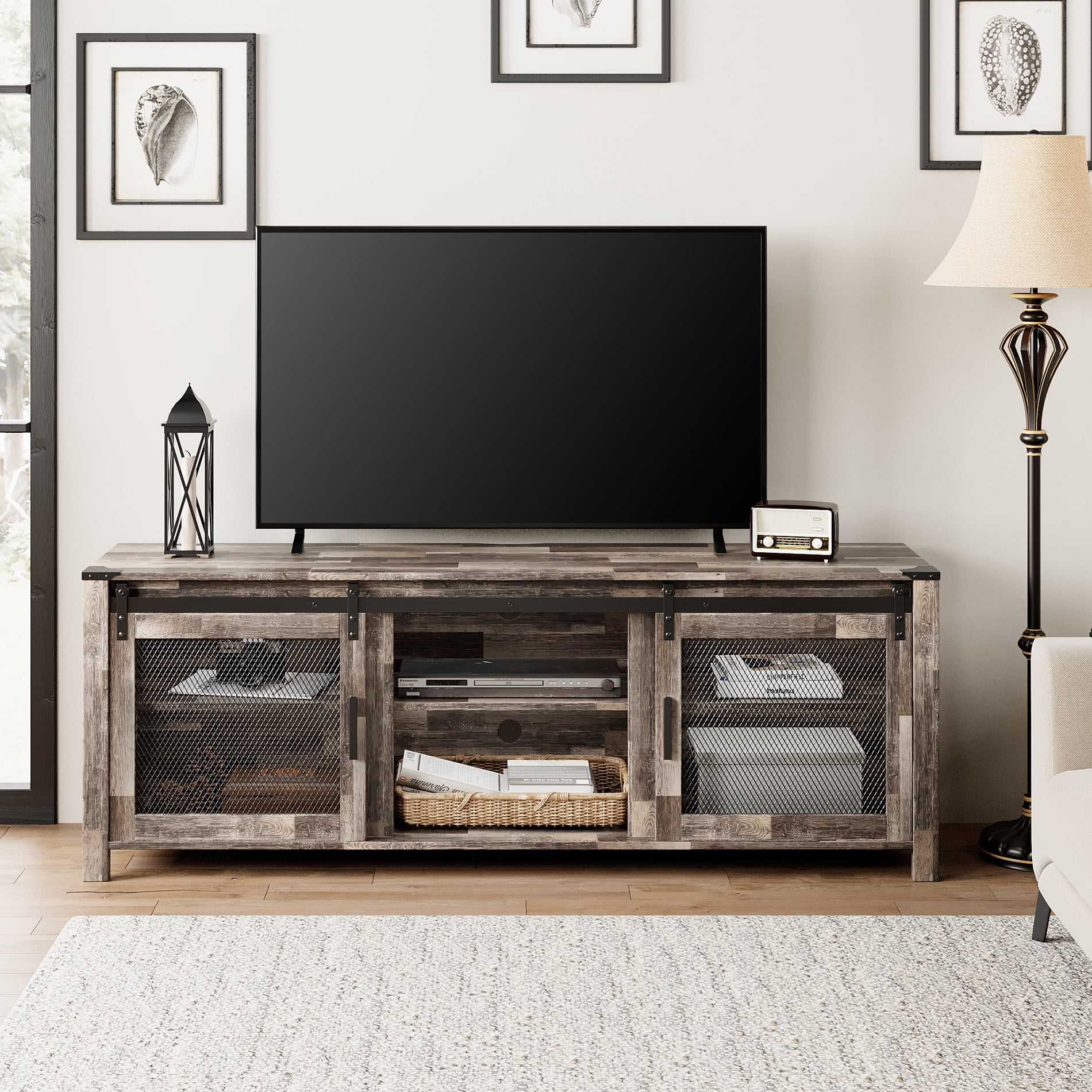 Entertainment Center for 75 Inch TV with Sliding Barn Door，TV Stand