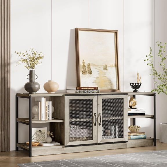 Entertainment Center for TVs up to 70 In Farmhouse TV Stand with Double Mesh Doors and Storage Rustic Style for Living Room Grey