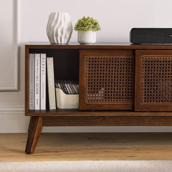 Entertainment Centers, 59 Inch Mid Century Modern Rattan TV Stand for 65 Inch TV, Entertainment Cabinet, Media Console for Living Room Media Room, Solid Wood Feet & Rattan Cabinet Doors - Dark Wood
