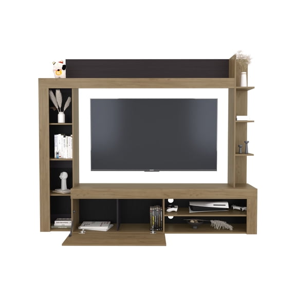 Entertainment Centers, Cecil Entertainment Center and TV Stand with Open Below Shelves and Storage Compartments with One Door, Natural Oak with Black, Multicolor TV Stands With Storage