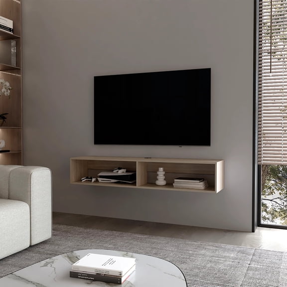 Entertainment Centers, Central Floating media rack in melamine with two shelves,white oak, White Oak TV Stands With Storage,Melamine Small TV Stands