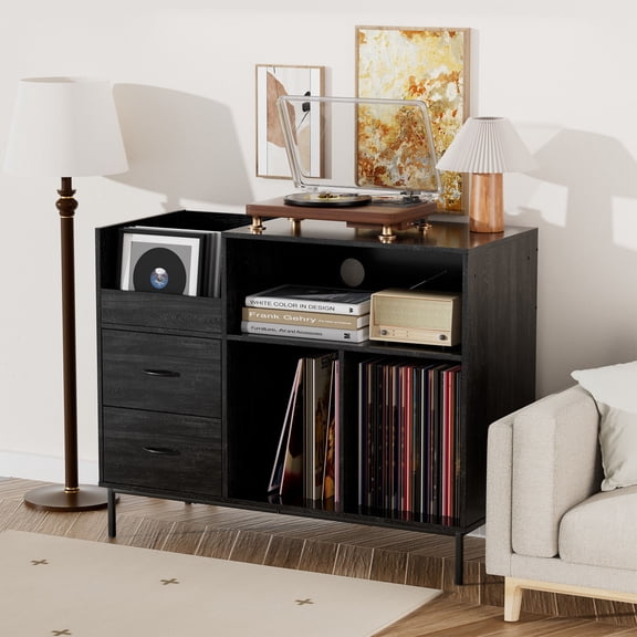 Entertainment Centers, Eco-Friendly Record Player Stand with Flip-Top - Wood Vinyl Storage Cabinet with 2-Outlet Power Strip, Drawers & Dustproof Cubbies, Media Console for Living Room/Study, Black