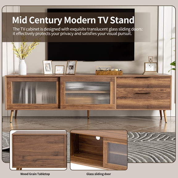 Entertainment Centers, Modern TV Stand for 75"+ TV, TV Console with 2 Glass Doors, Entertainment Center with 2 Drawers & Storage Cabinet, 70" Media Console Table for Living Room, Bedroom