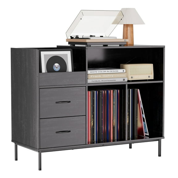 Entertainment Centers Record Player Stand with Power Outlet & Flip-Down Lid, Turntable Table with Storage for 300+ Vinyls, Black Wood Grain Media Console with 2 Drawers, 27.6" with Dust Protection,