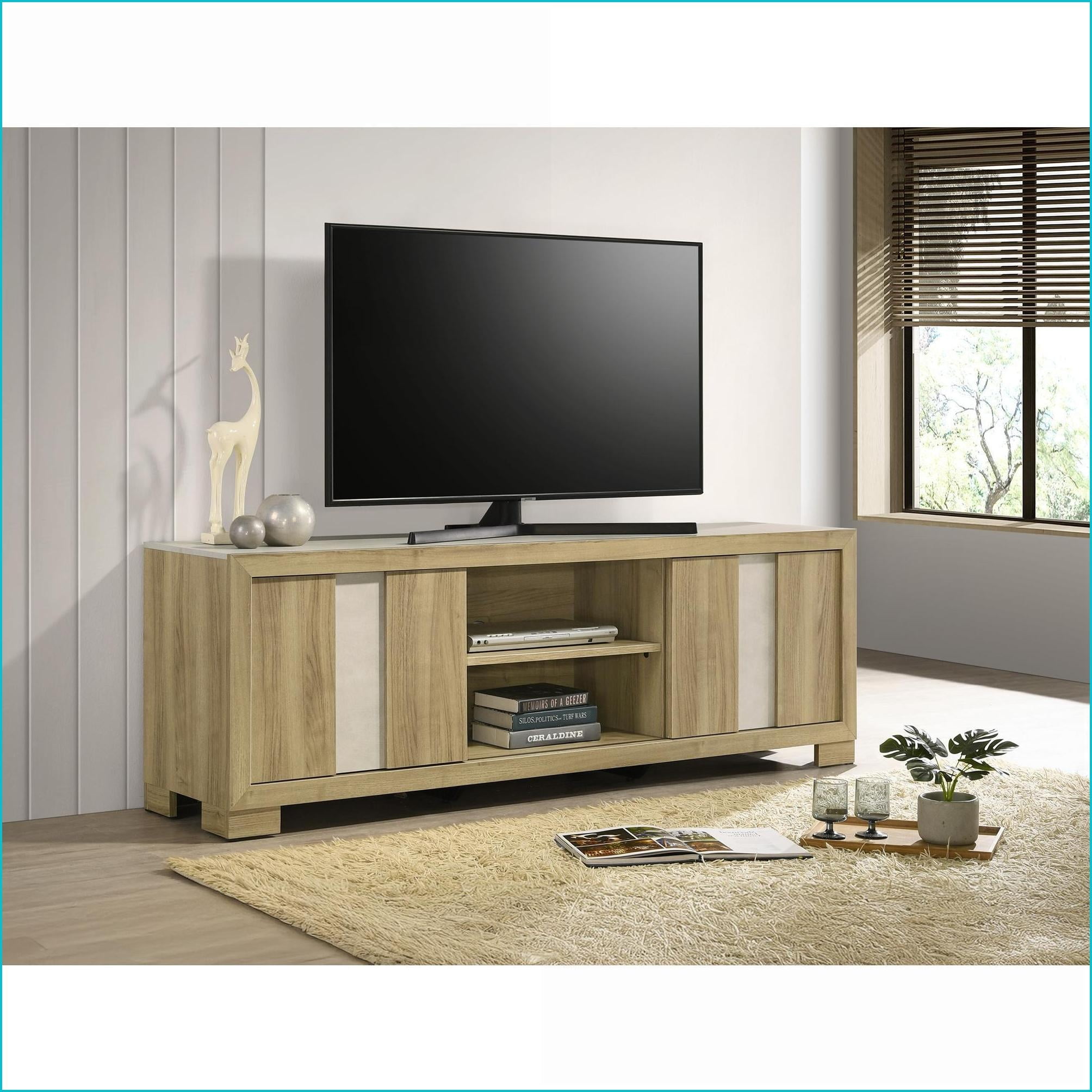 Entertainment Console 72” Rustic Driftwood Wood with Open Shelves ...