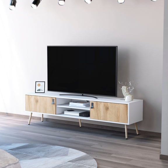 Entertainment Rack for TV | Hinged Drawers and Cable - Managed Shelves | Dual - Tone Wood Appearance | Solve Media Storage Problem