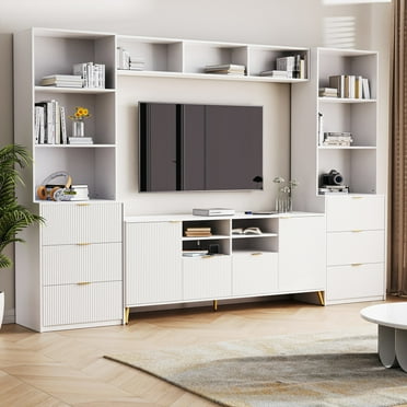 Entertainment Wall Unit,Entertainment Center With Bookshelves,  Multifunctional Tv Stand With 13 Shelves,8 Drawers And 2 Cabinets,Fluted Cabinet For Living Room, For Tvs Up To 70",White