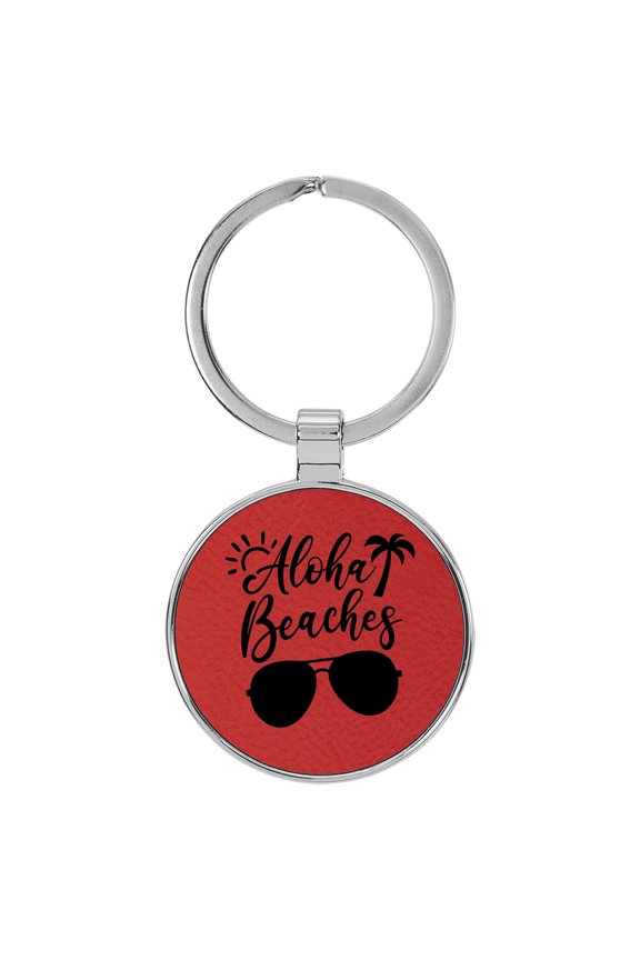 Aloha Beaches Red Laser Engraved Leatherette Keychain Backpack Pull - 1.5 x 3 Inches