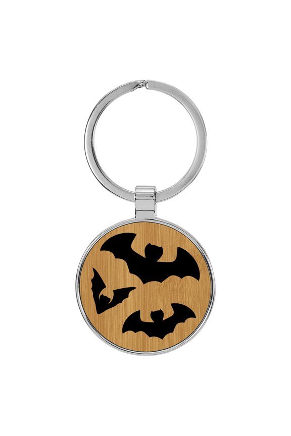 Bats Halloween Tan Laser Engraved Leatherette Keychain Backpack Pull - 1.5 x 3 Inches