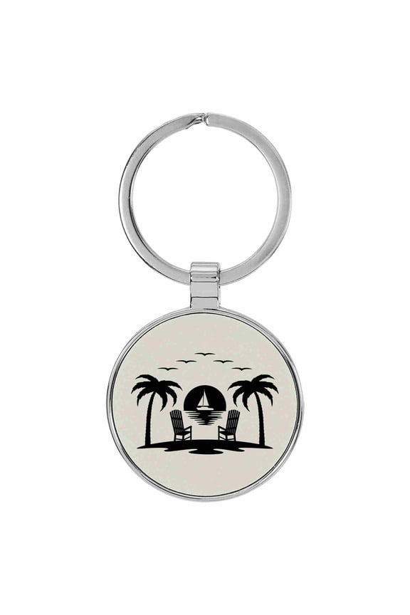 Beach Chairs Palm Trees White Laser Engraved Leatherette Keychain Backpack Pull - 1.5 x 3 Inches