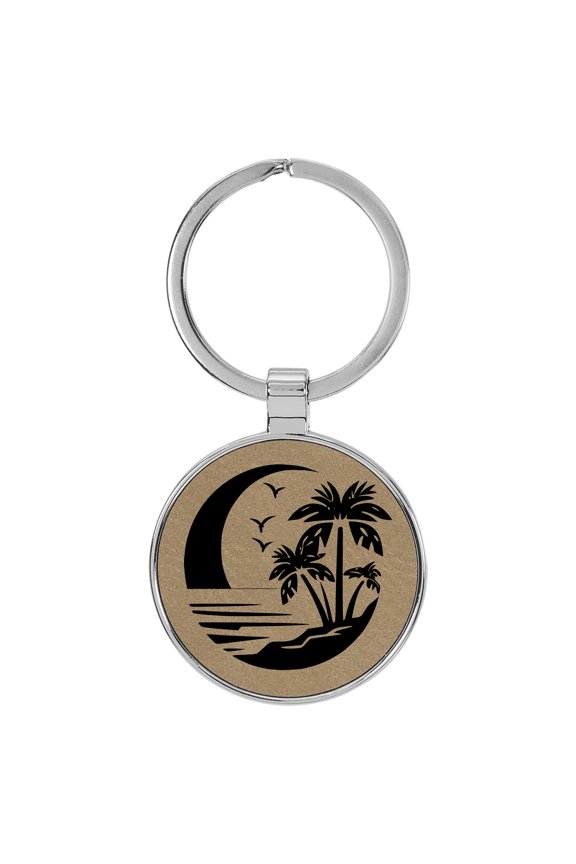 Beach Palm Trees Light Brown Laser Engraved Leatherette Keychain Backpack Pull - 1.5 x 3 Inches