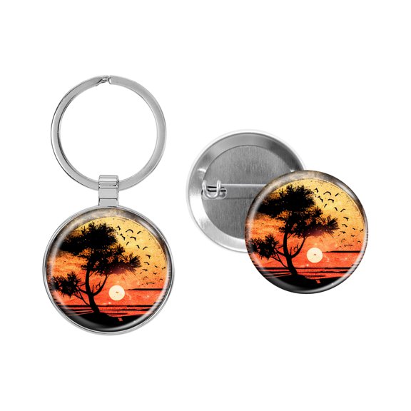 Enthoozies Beach Tree Sunset  1.5" x 3.5" Domed Keychain Backpack Pull and 1.5" Pinback Button v6