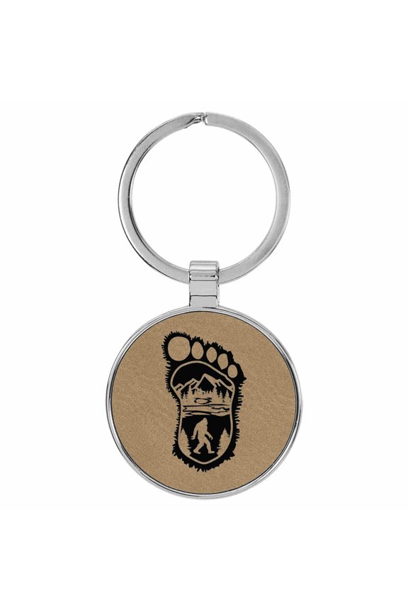 Bigfoot Foot Imprint Sasquatch Light Brown Laser Engraved Leatherette Keychain Backpack Pull - 1.5 x 3 Inches