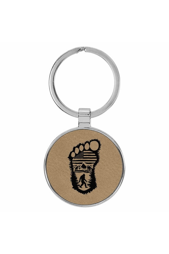 Bigfoot US Flag USA Sasquatch Light Brown Laser Engraved Leatherette Keychain Backpack Pull - 1.5 x 3 Inches