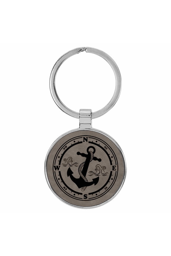 Boat Anchor Compass Gray Laser Engraved Leatherette Keychain Backpack Pull - 1.5 x 3 Inches