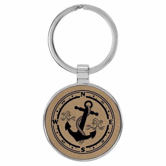 Enthoozies Boat Anchor Compass Light Brown Laser Engraved Leatherette Keychain Backpack Pull - 1.5 x 3 Inches