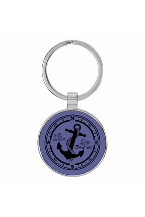 Boat Anchor Compass Purple Laser Engraved Leatherette Keychain Backpack Pull - 1.5 x 3 Inches