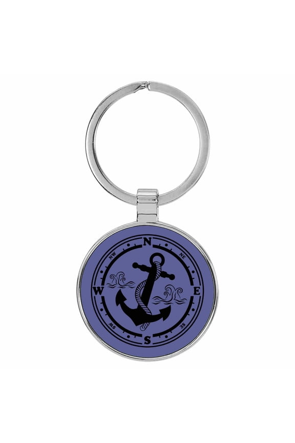 Boat Anchor Compass Purple Laser Engraved Leatherette Keychain Backpack Pull - 1.5 x 3 Inches