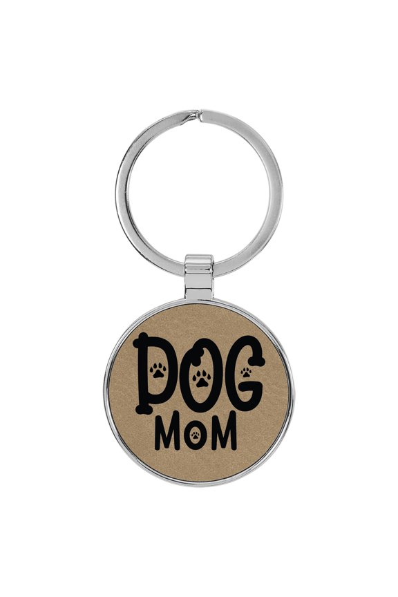Dog Mom Light Brown Laser Engraved Leatherette Keychain Backpack Pull - 1.5 x 3 Inches