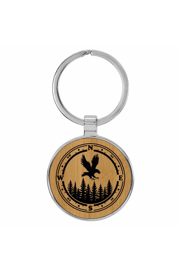 Eagle Landing Compass Bird Nature Tan Laser Engraved Leatherette Keychain Backpack Pull - 1.5 x 3 Inches