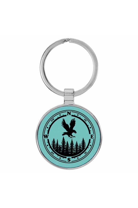 Eagle Landing Compass Bird Nature Teal Laser Engraved Leatherette Keychain Backpack Pull - 1.5 x 3 Inches