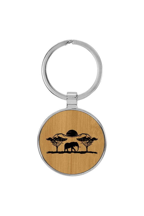 Elephant Walking Desert Tan Laser Engraved Leatherette Keychain Backpack Pull - 1.5 x 3 Inches