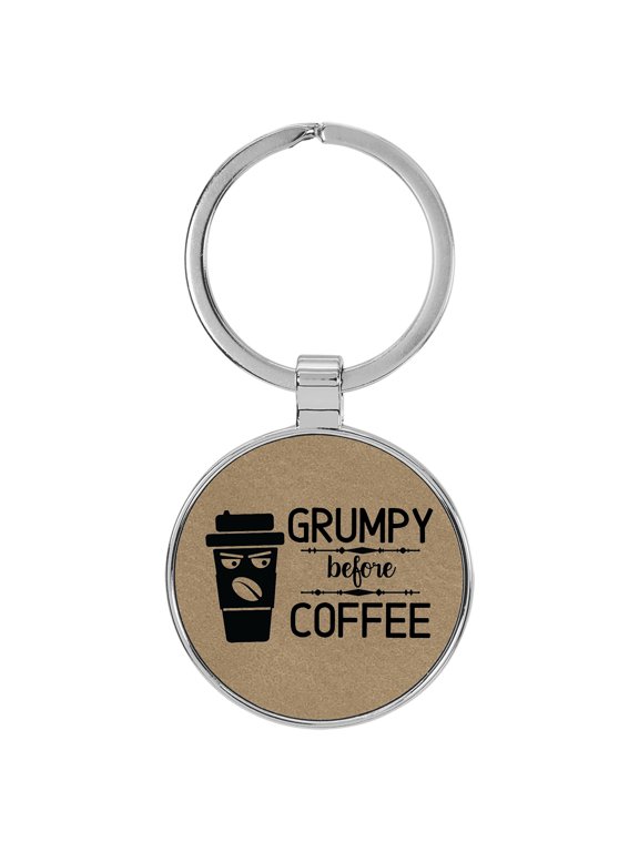 Grumpy Before Coffee Light Brown Laser Engraved Leatherette Keychain Backpack Pull - 1.5 x 3 Inches