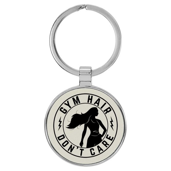 Enthoozies Gym Hair Don't Care White Laser Engraved Leatherette Keychain Backpack Pull - 1.5 x 3 Inches