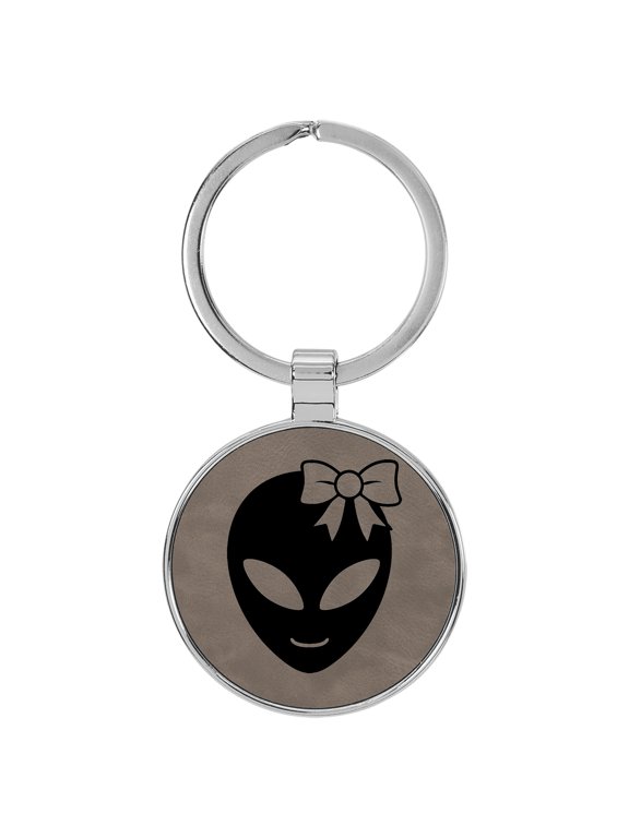 Happy Female Alien Gray Laser Engraved Leatherette Keychain Backpack Pull - 1.5 x 3 Inches