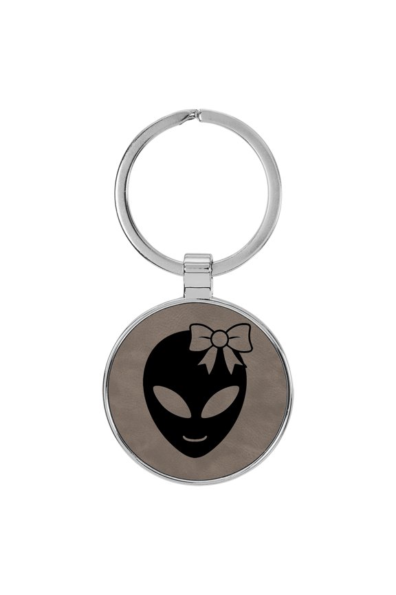 Happy Female Alien Gray Laser Engraved Leatherette Keychain Backpack Pull - 1.5 x 3 Inches
