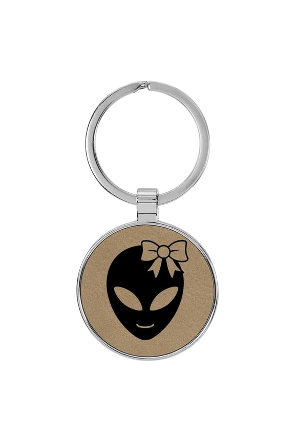 Happy Female Alien Light Brown Laser Engraved Leatherette Keychain Backpack Pull - 1.5 x 3 Inches