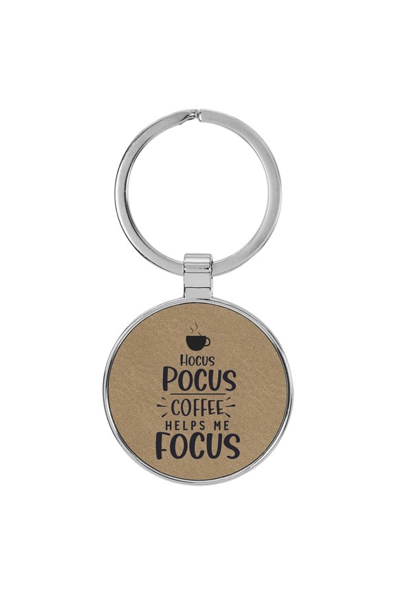 Hocus Pocus Coffee Helps Me Focus Light Brown Laser Engraved Leatherette Keychain Backpack Pull - 1.5 x 3 Inches