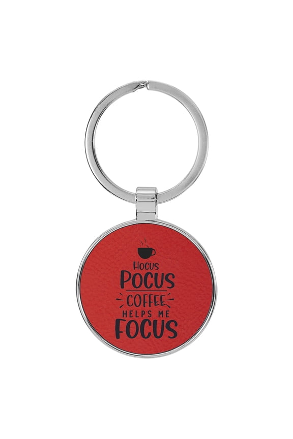 Hocus Pocus Coffee Helps Me Focus Red Laser Engraved Leatherette Keychain Backpack Pull - 1.5 x 3 Inches