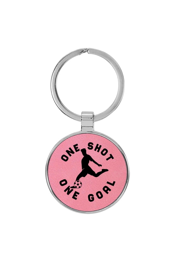 Soccer One Shot One Goal Pink Laser Engraved Leatherette Keychain Backpack Pull - 1.5 x 3 Inches