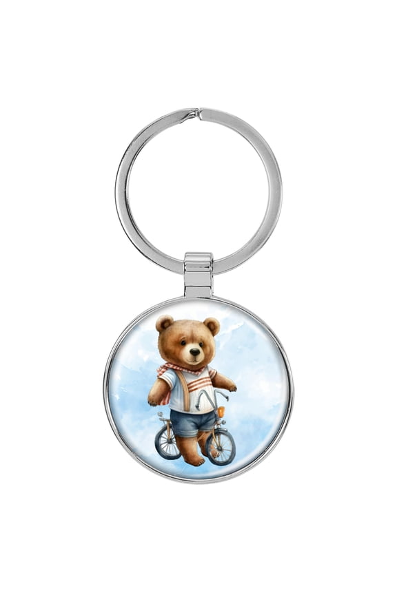 Teddy Bear Riding a Bike Cycling Domed Keychain Backpack Pull - 1.5 x 3 Inches V1