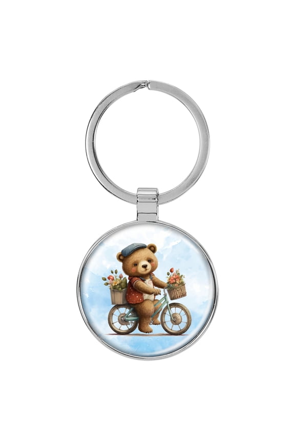 Teddy Bear Riding a Bike Cycling Domed Keychain Backpack Pull - 1.5 x 3 Inches V5