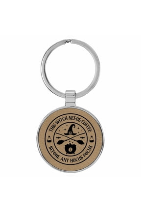This Witch Needs Coffee Before Any Hocus Pocus Light Brown Laser Engraved Leatherette Keychain Backpack Pull - 1.5 x 3 Inches