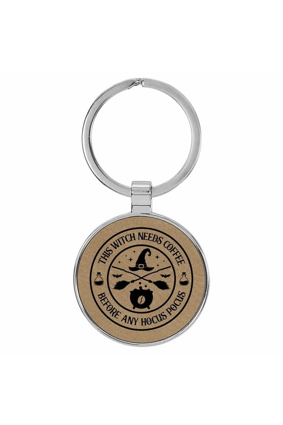 This Witch Needs Coffee Before Any Hocus Pocus Light Brown Laser Engraved Leatherette Keychain Backpack Pull - 1.5 x 3 Inches