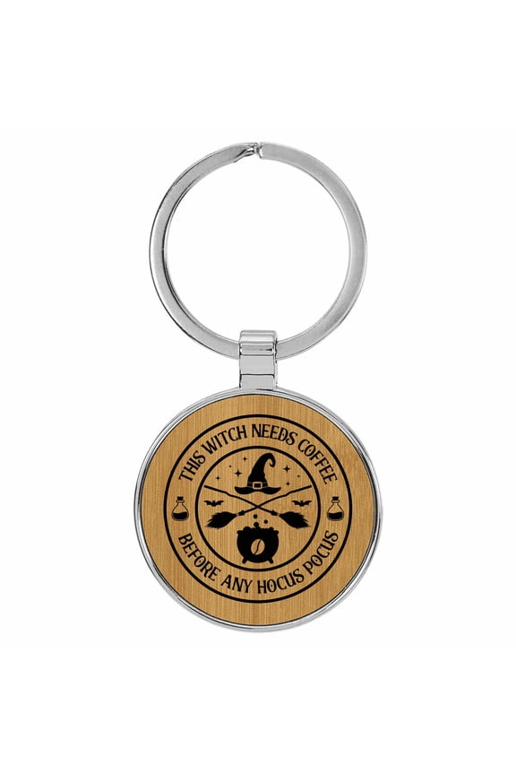 This Witch Needs Coffee Before Any Hocus Pocus Tan Laser Engraved Leatherette Keychain Backpack Pull - 1.5 x 3 Inches
