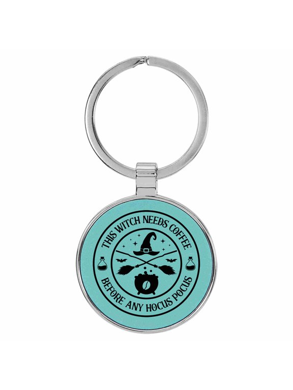 This Witch Needs Coffee Before Any Hocus Pocus Teal Laser Engraved Leatherette Keychain Backpack Pull - 1.5 x 3 Inches