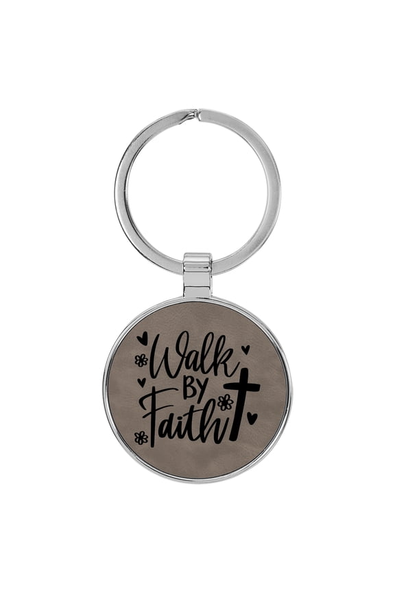 Walk by Faith Religious Gray Laser Engraved Leatherette Keychain Backpack Pull - 1.5 x 3 Inches