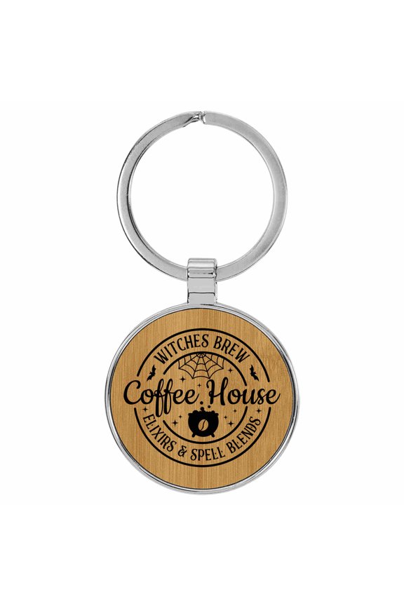 Witches Brew Coffee House Elixers & Spell Blends Tan Laser Engraved Leatherette Keychain - 1.5 x 3 Inches