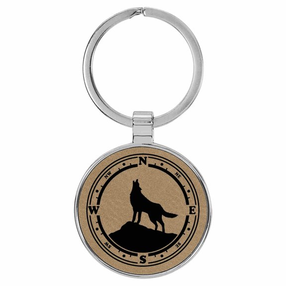 Enthoozies Wolf Compass Animal Nature Light Brown Laser Engraved Leatherette Keychain Backpack Pull - 1.5 x 3 Inches