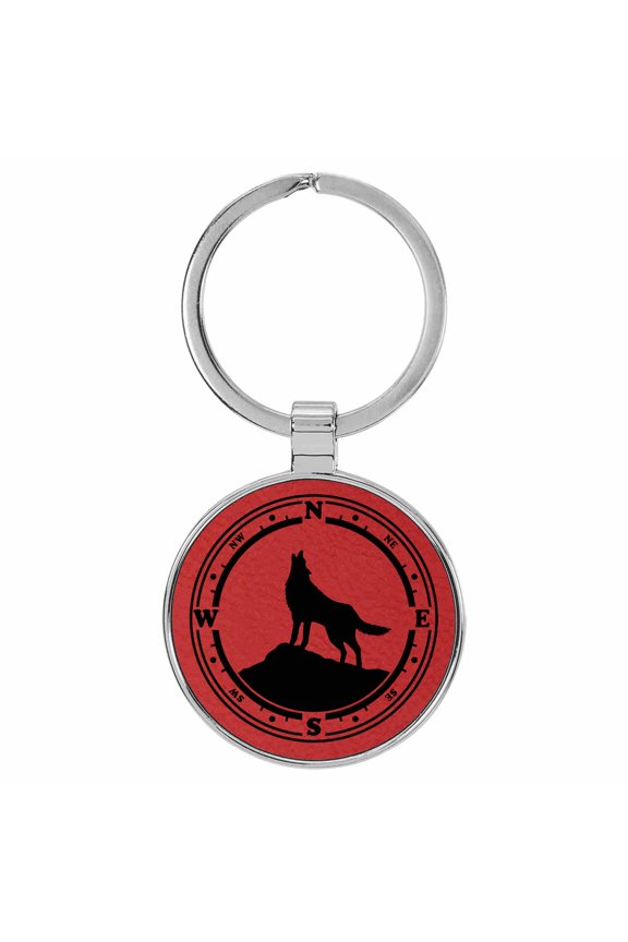 Wolf Compass Animal Nature Red Laser Engraved Leatherette Keychain Backpack Pull - 1.5 x 3 Inches