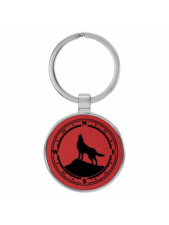 Wolf Compass Animal Nature Red Laser Engraved Leatherette Keychain Backpack Pull - 1.5 x 3 Inches