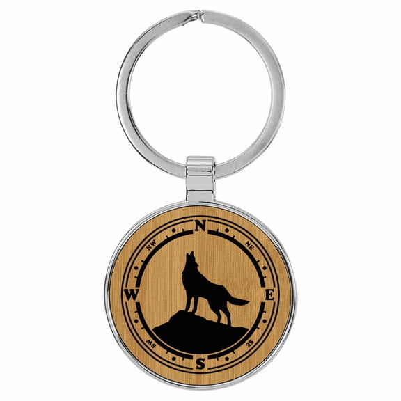 Enthoozies Wolf Compass Animal Nature Tan Laser Engraved Leatherette Keychain Backpack Pull - 1.5 x 3 Inches