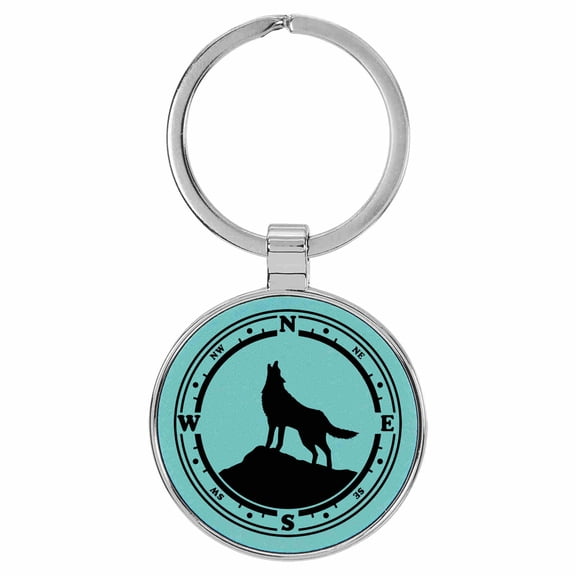 Enthoozies Wolf Compass Animal Nature Teal  Laser Engraved Leatherette Keychain Backpack Pull - 1.5 x 3 Inches