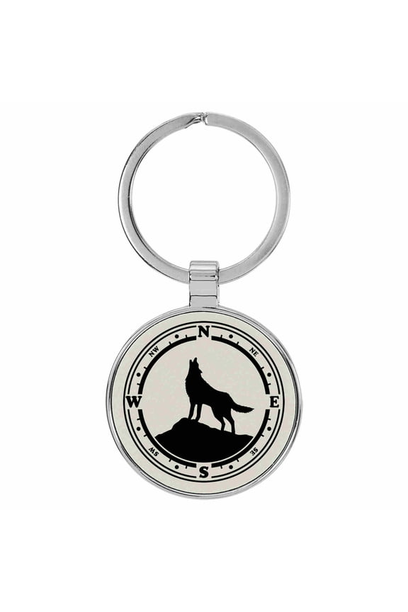 Wolf Compass Animal Nature White Laser Engraved Leatherette Keychain Backpack Pull - 1.5 x 3 Inches