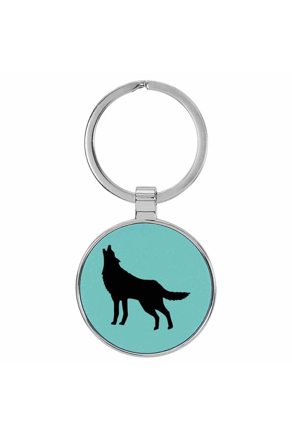 Wolf Howling Animal Nature Teal  Laser Engraved Leatherette Keychain Backpack Pull - 1.5 x 3 Inches