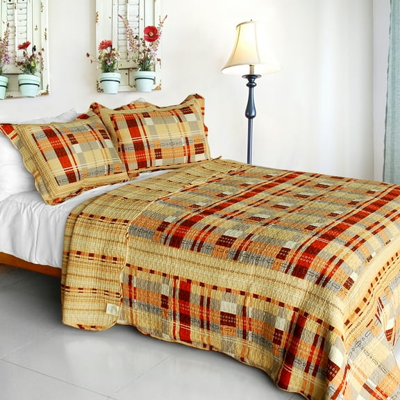 Enthusiasm Waltz 3PC Vermicelli-Quilted Plaid Patchwork Quilt Set (Full/Queen)